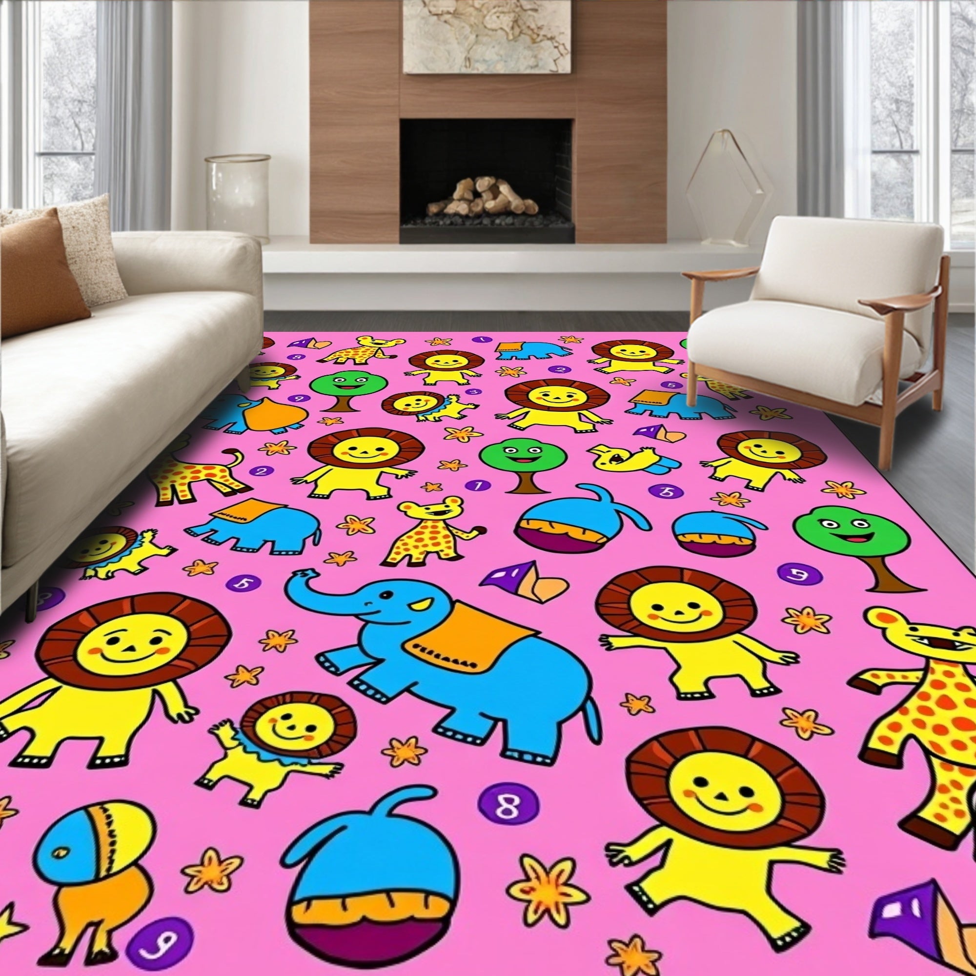 Charming Wild Animals Safari Scene Rug
