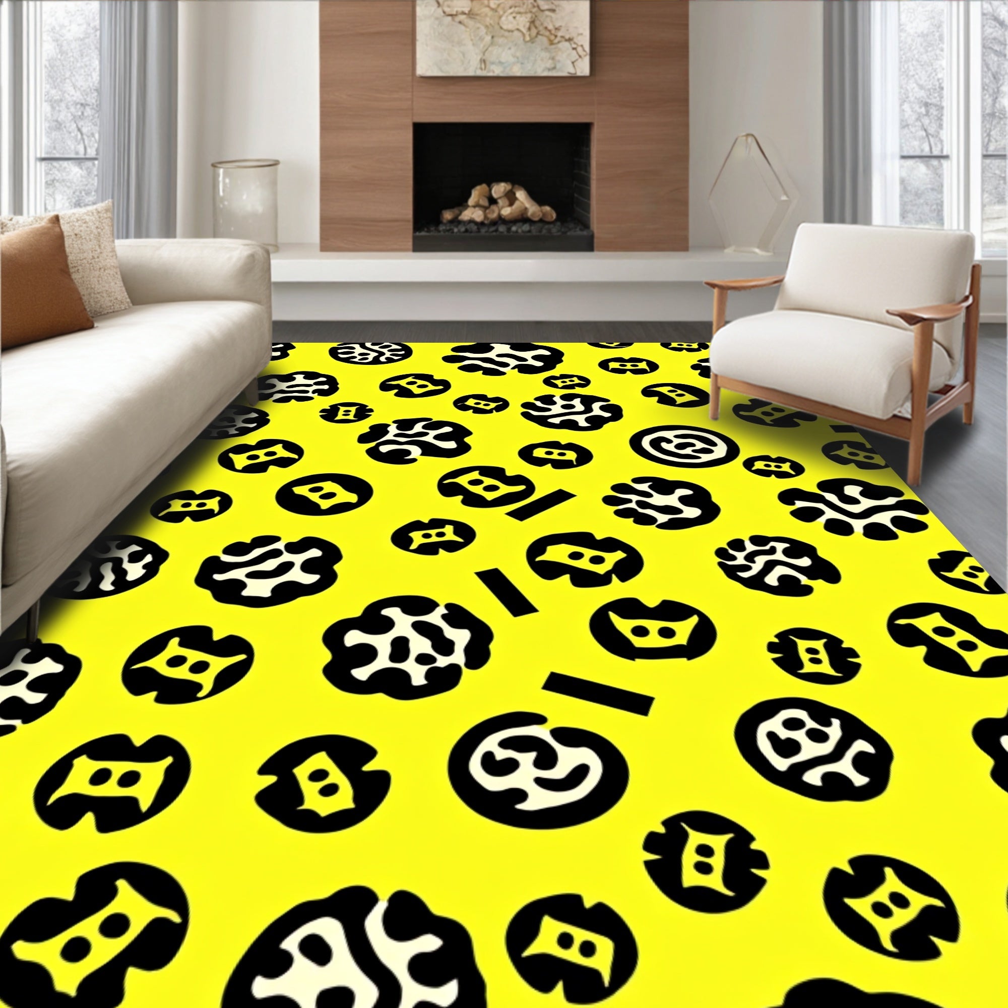 Bright Yellow Abstract Amoeba Forms Rug
