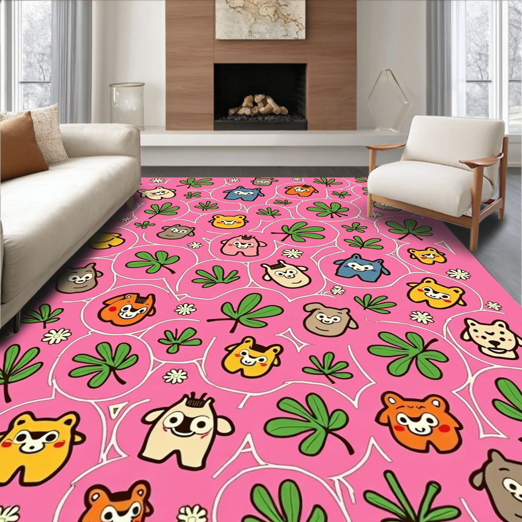 Whimsical Pink Cartoon Critters Garden Rug