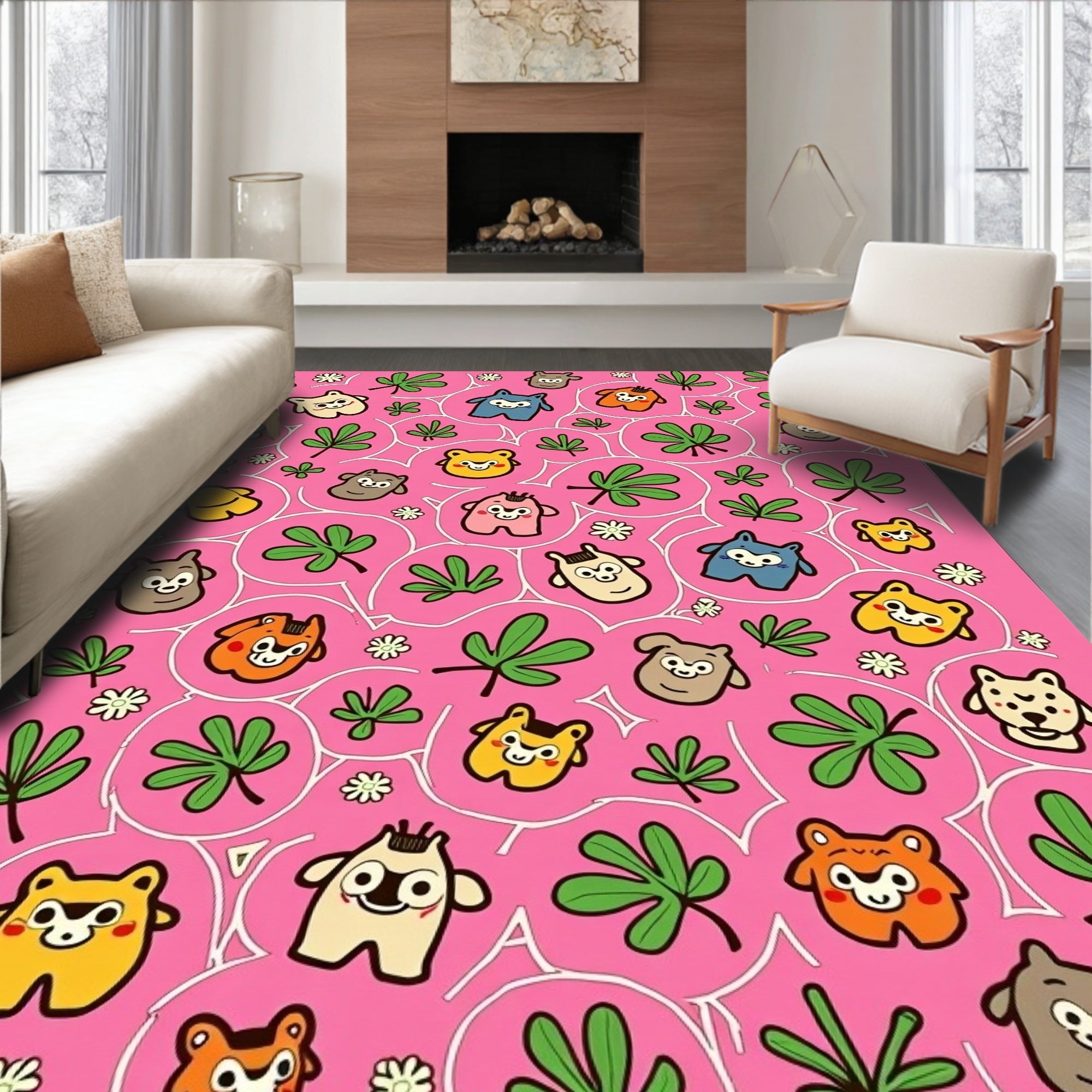 Whimsical Pink Cartoon Critters Garden Rug