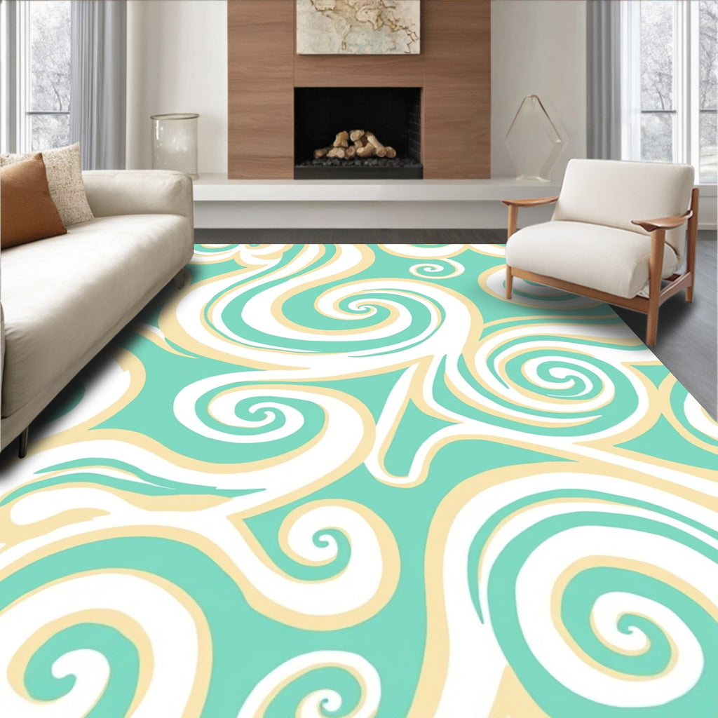 Aqua Cream Swirling Abstract Curvy Rug