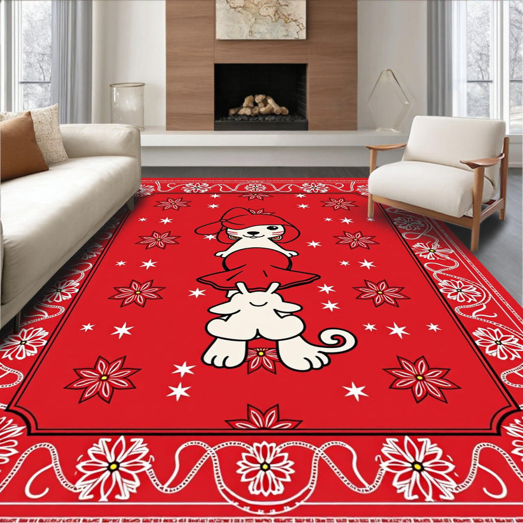 Red Whimsical Floral Cartoon Animals Rug