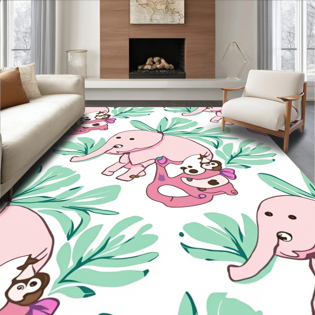 Pink Pastel Elephant Jungle Leaves Rug