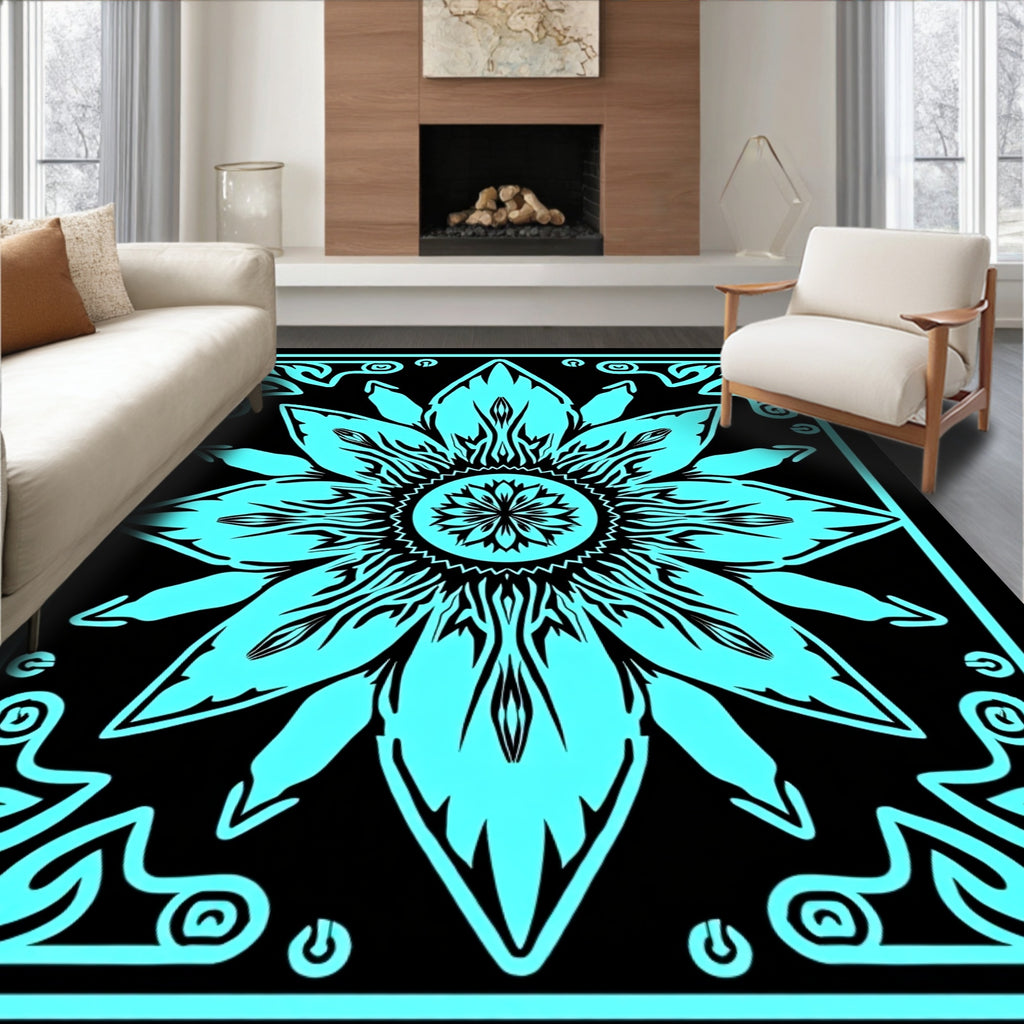 Cyan Bloom Geometric Center Rug