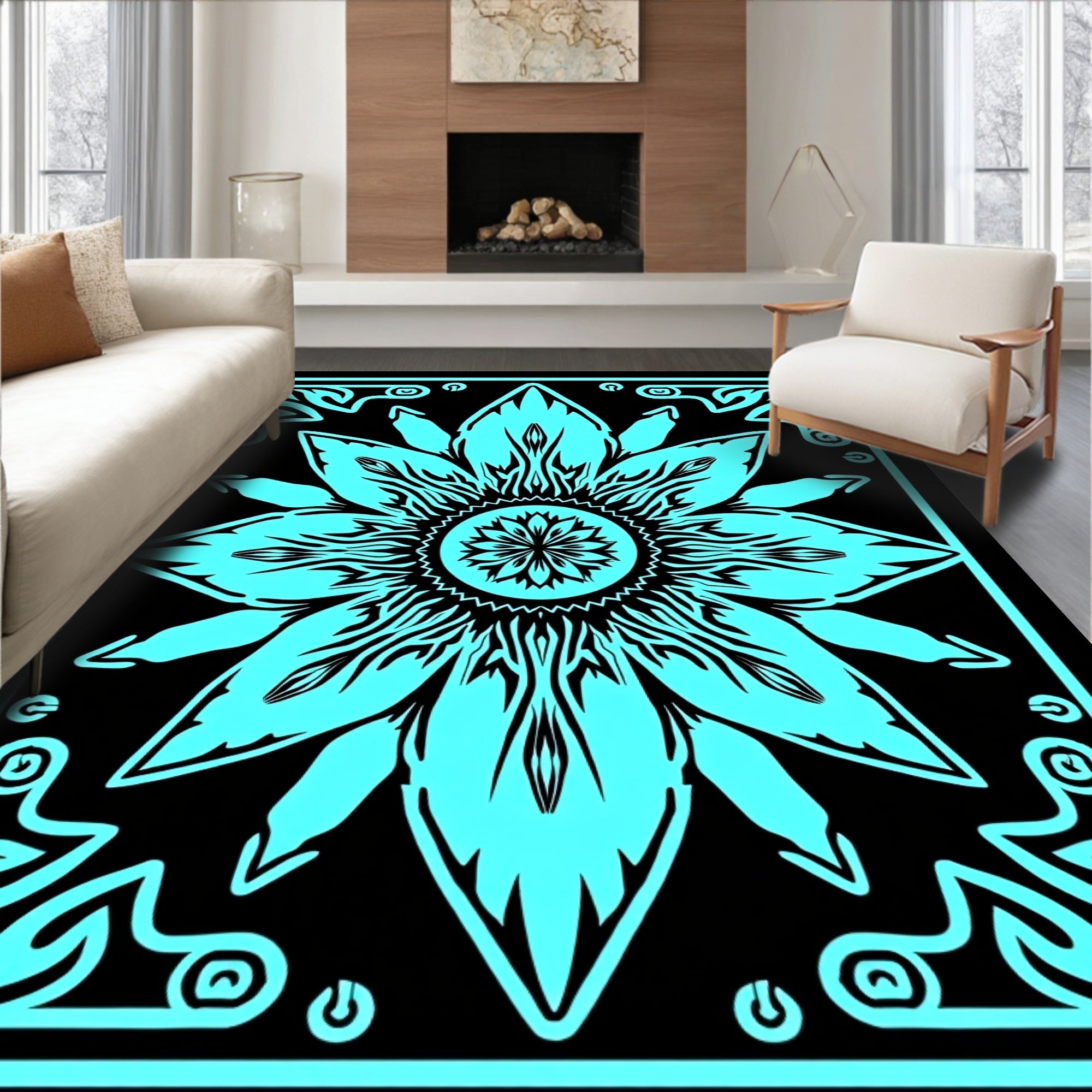 Cyan Bloom Geometric Center Rug
