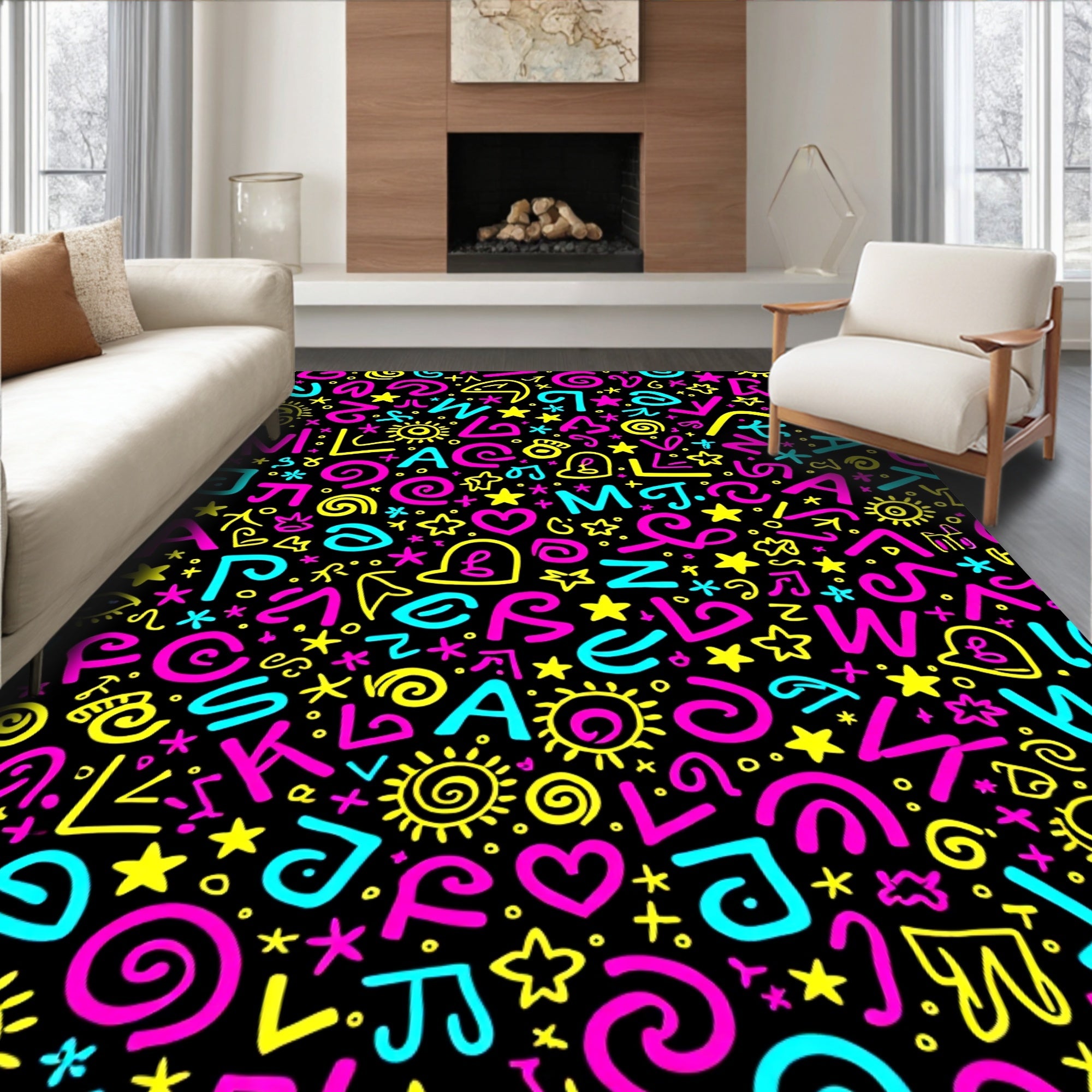 Colorful Alphabet and Symbols Collage Rug