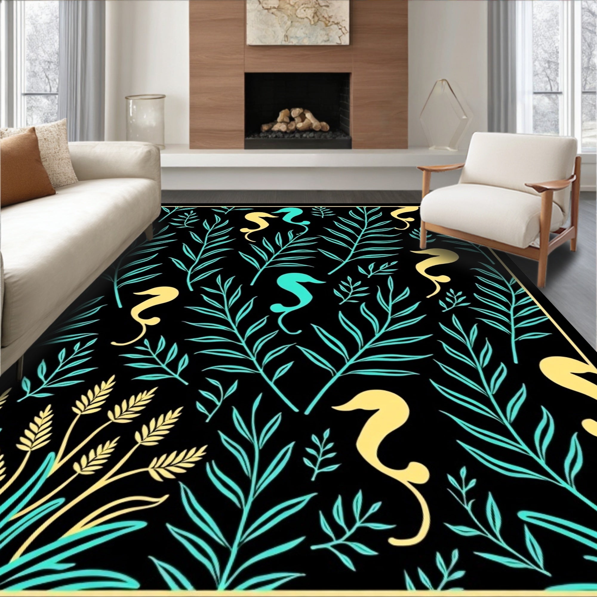Aqua Yellow Seahorse Foliage Repeat Rug