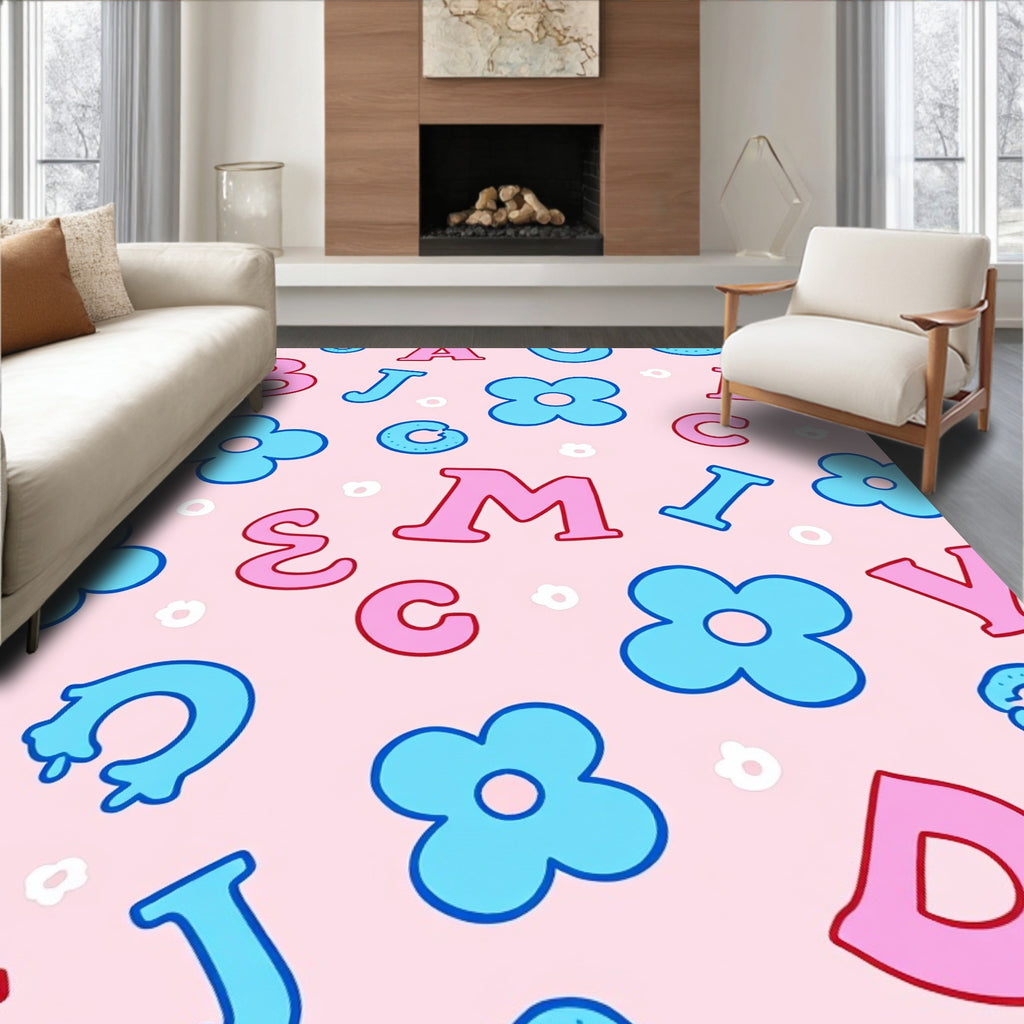 Pink Blue Alphabet Floral Playful Rug