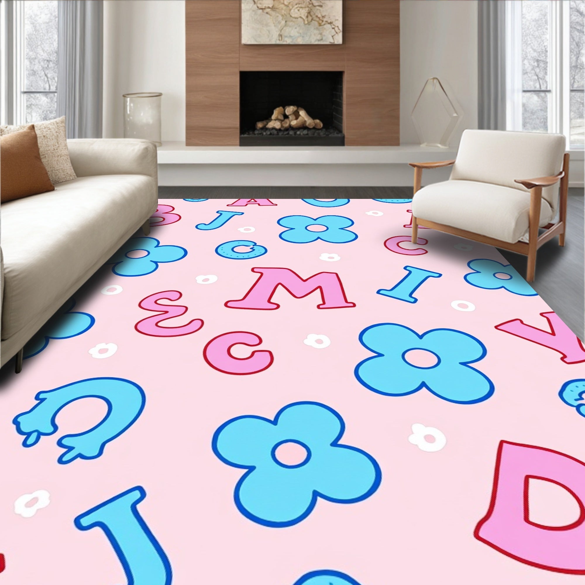 Pink Blue Alphabet Floral Playful Rug
