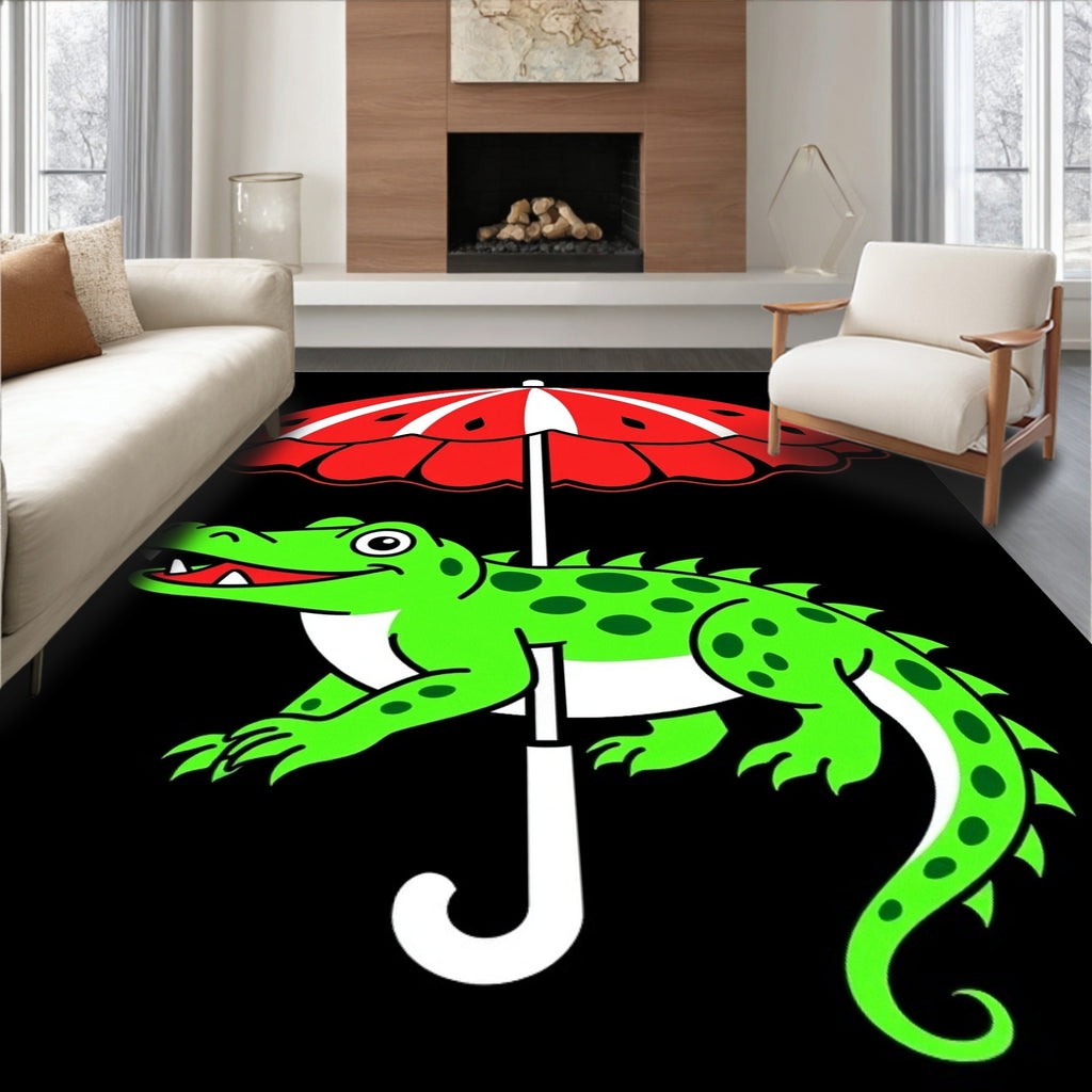 Playful Green Alligator Under Red Umbrella Rug