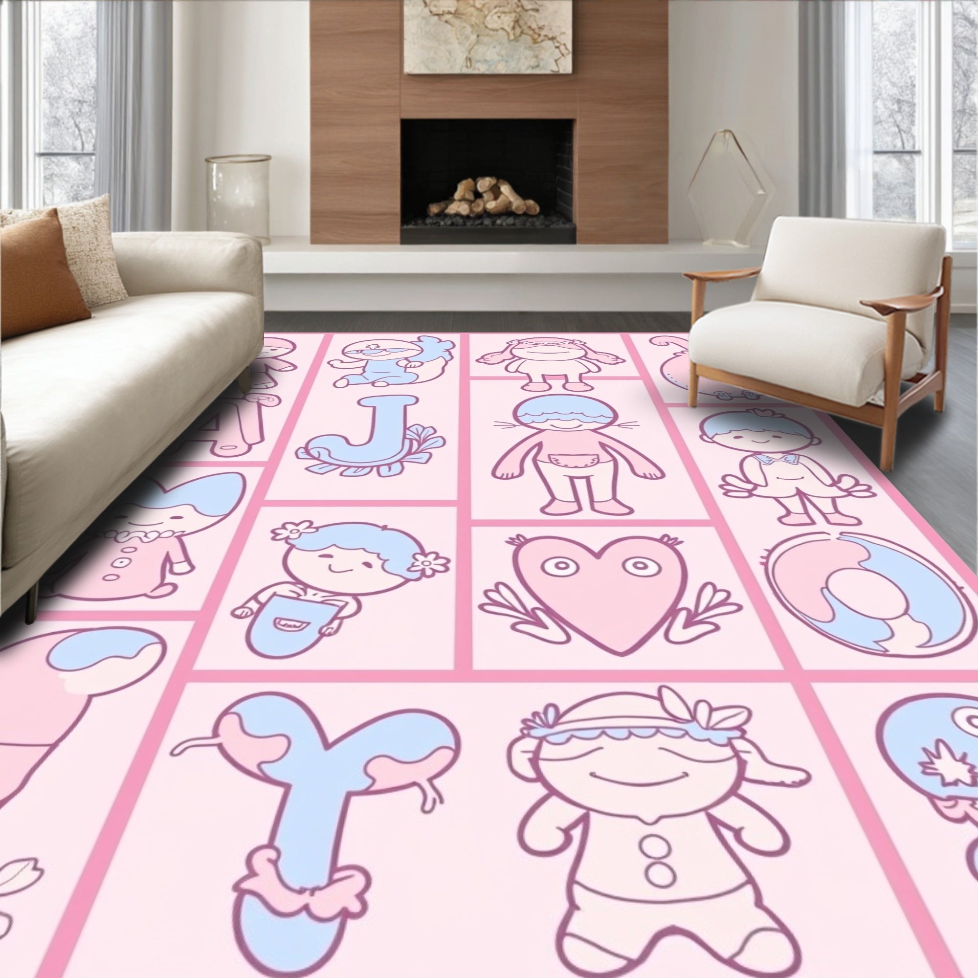 Sweet Pink Blue Cute Characters Collection Rug