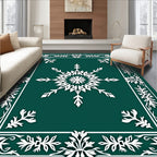 Deep Teal White Snowflake Floral Frame Rug