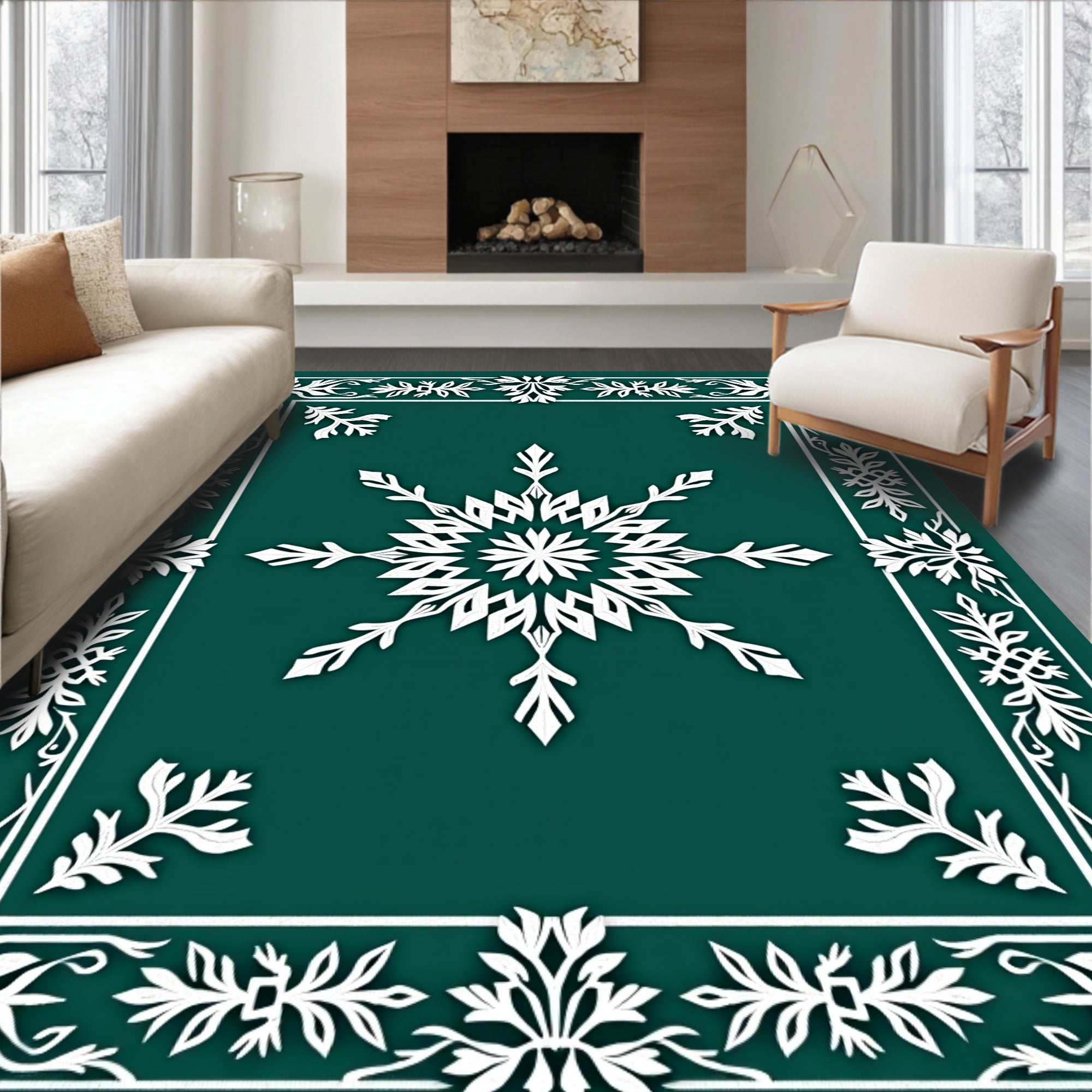 Deep Teal White Snowflake Floral Frame Rug