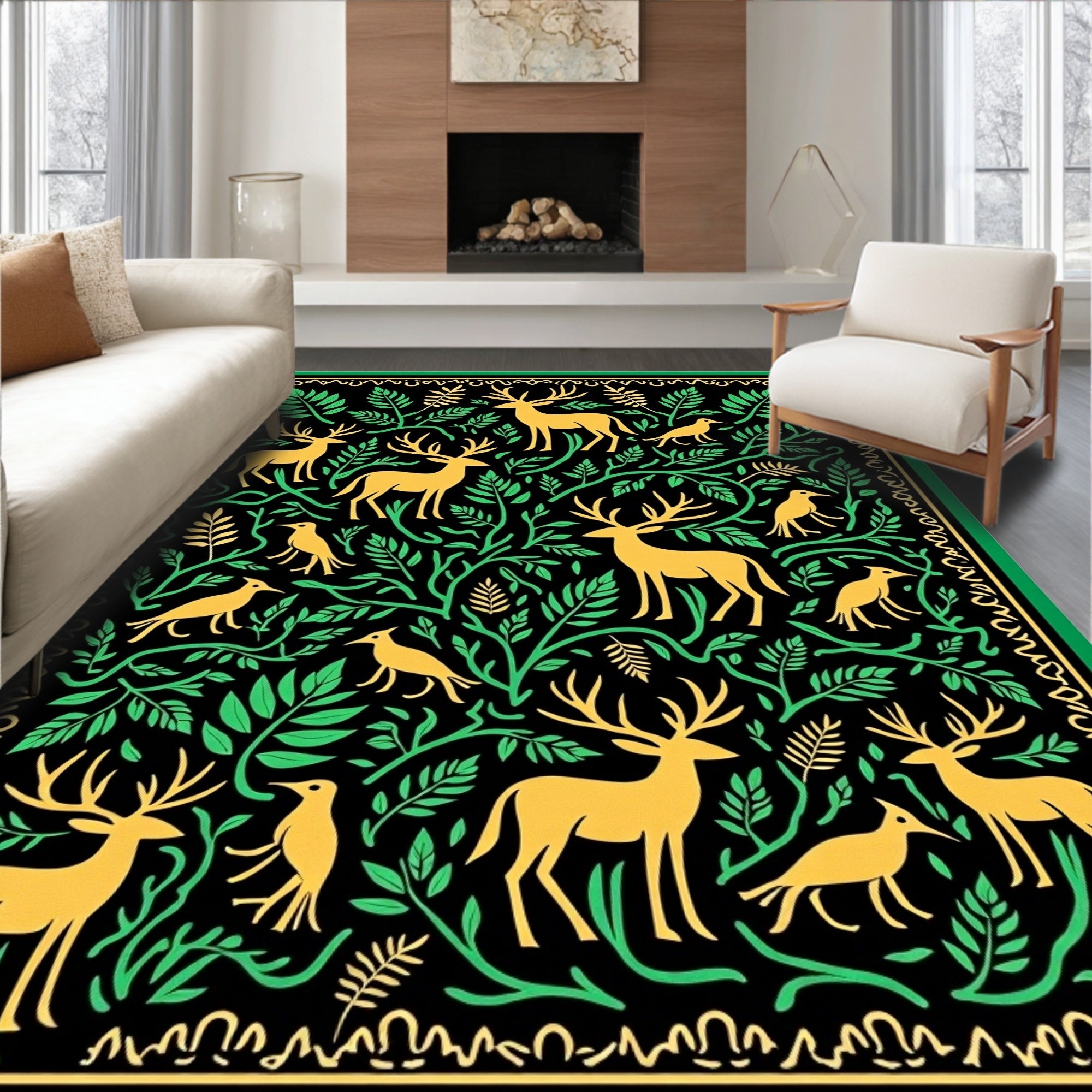 Golden Deer With Green Foliage Border Rug
