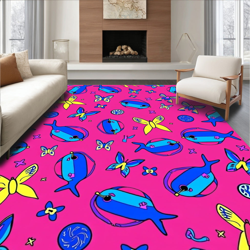 Vibrant Pink Butterfly And Fish Accents Rug