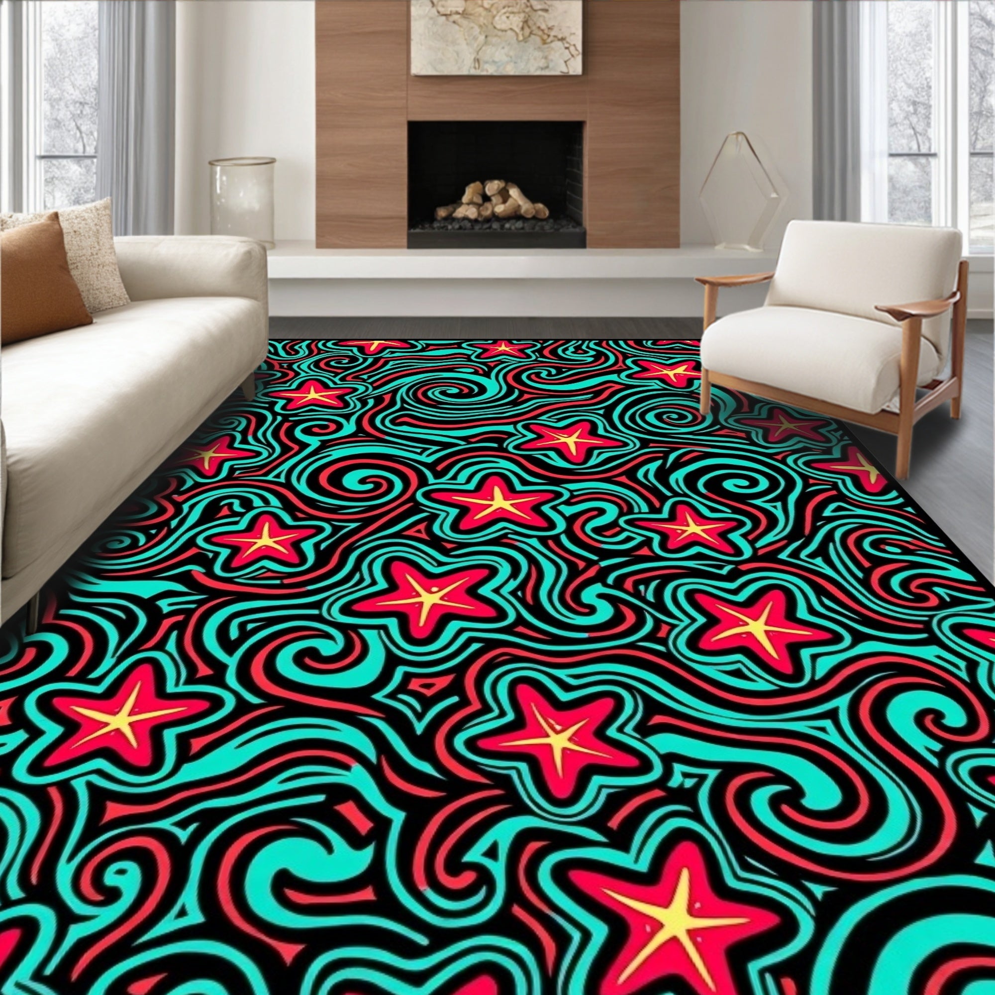 Red Yellow Star Swirls Rug