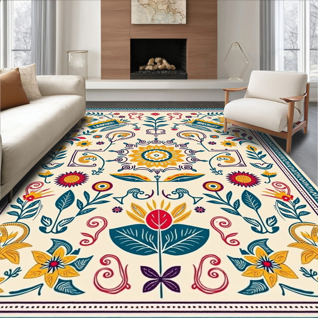 Yellow Red Blue Floral Folk Art Rug