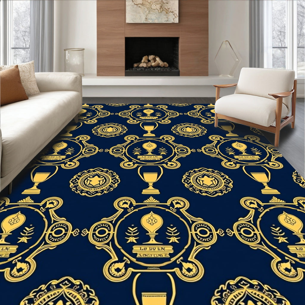Golden Heraldic Trophy Emblem Navy Rug
