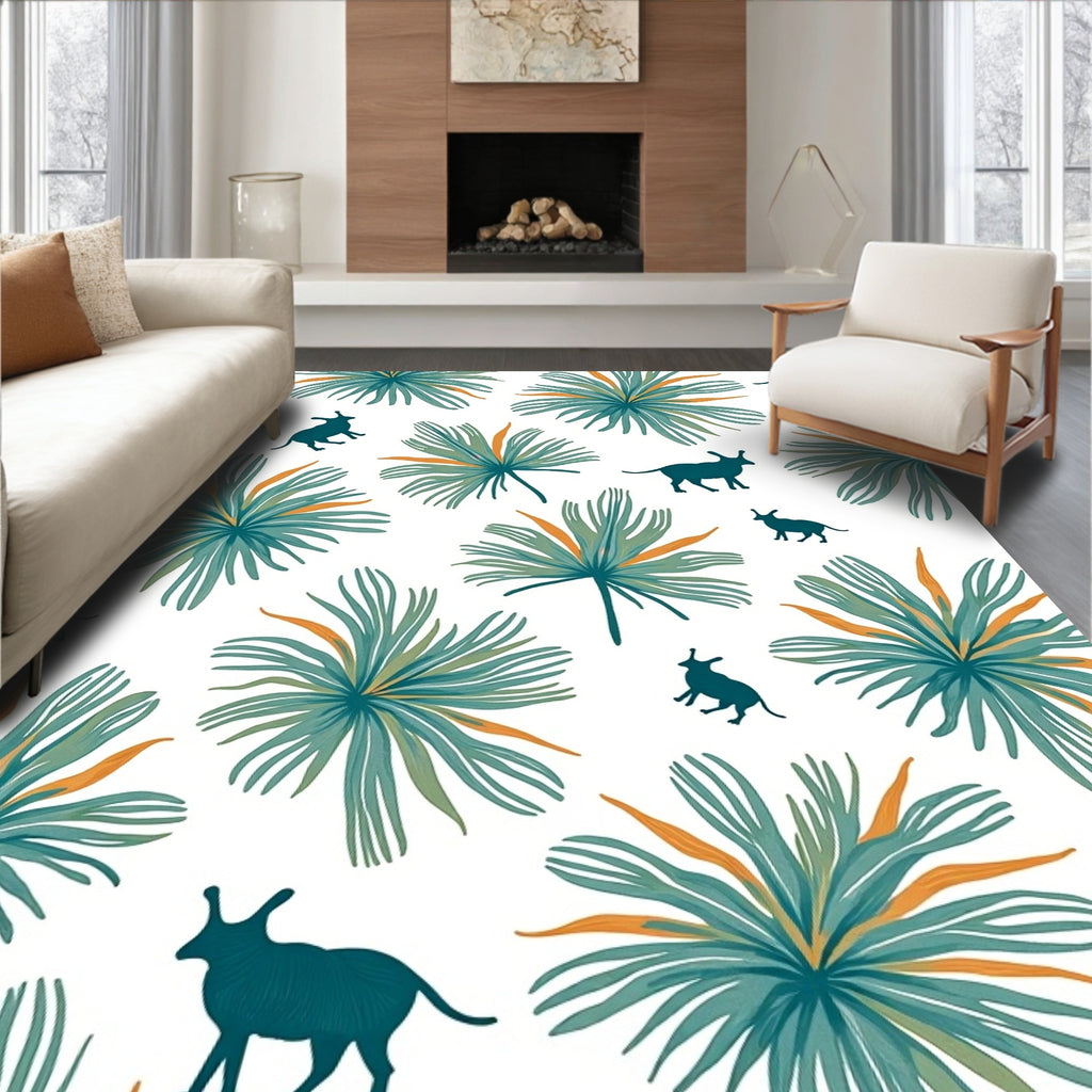 Teal Palm Frond Silhouette Animal Rug