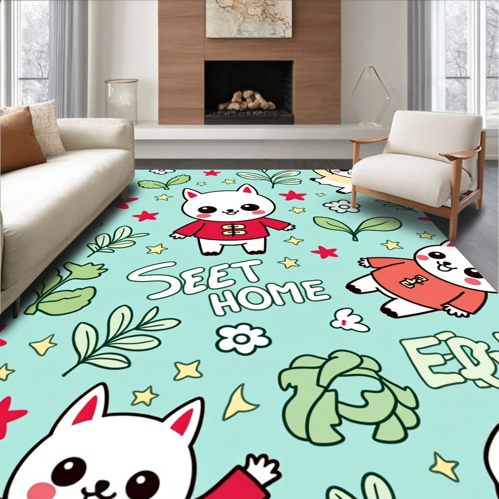 Cute Kitty Red Outfit Flowers Stars Rug