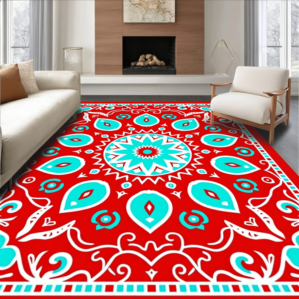 Crimson Teal Floral Mandala Rug