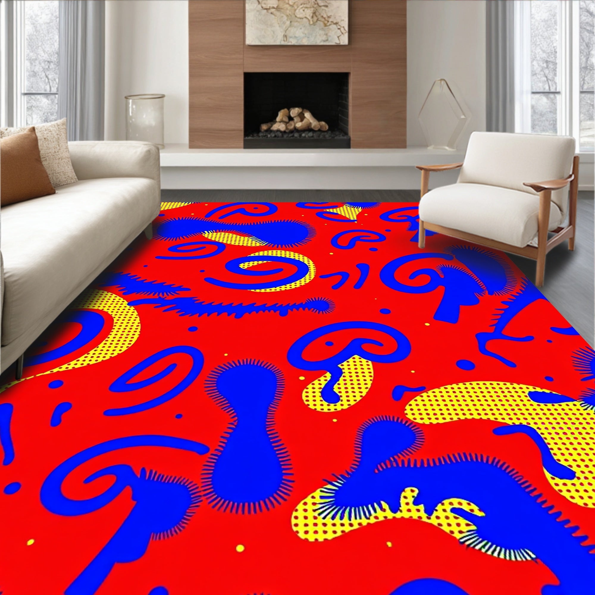 Abstract Crimson Blue Yellow Swirls Rug