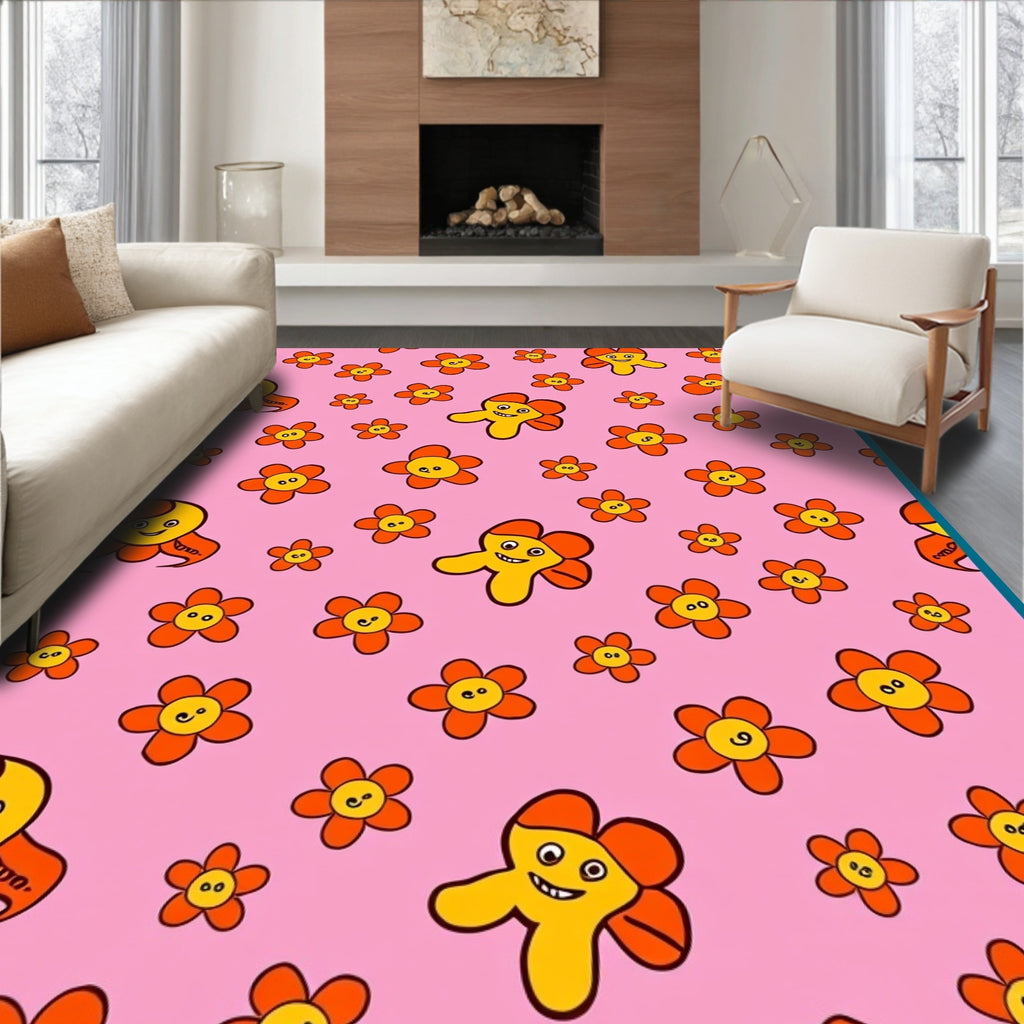 Cheery Pink Orange Floral Friends Rug