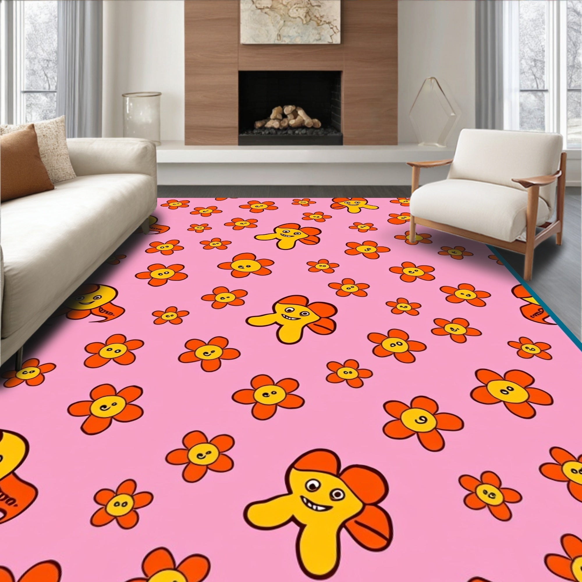 Cheery Pink Orange Floral Friends Rug