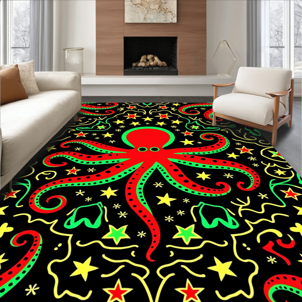 Red Green Octopus Star Field Rug