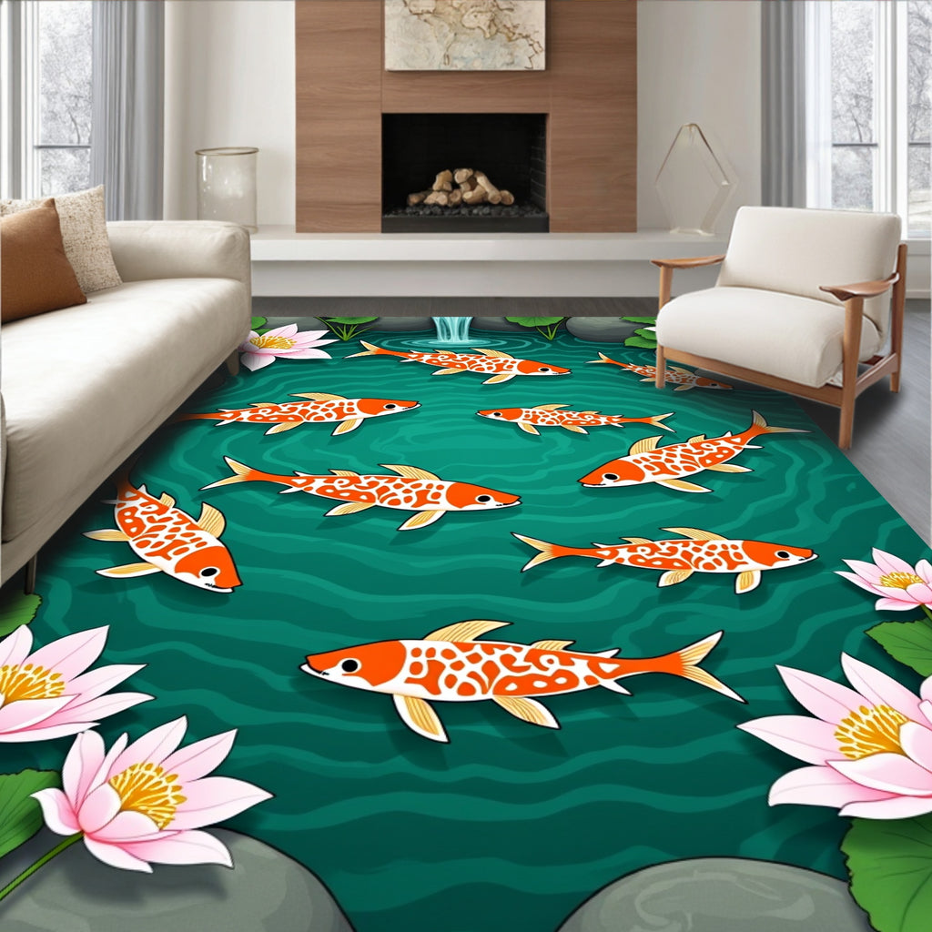 Vibrant Orange Koi Lily Pond Rug
