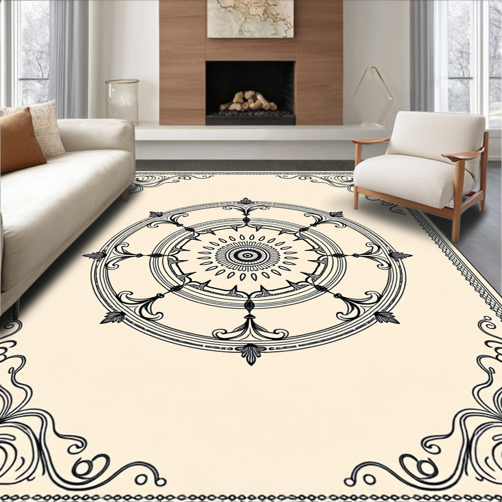 Vintage Black Floral Wheel Frame Rug