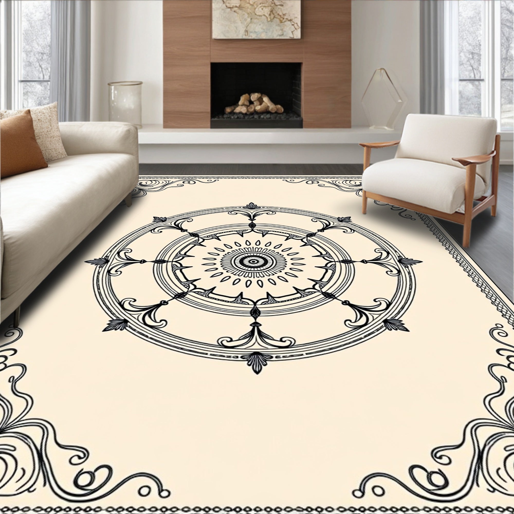 Vintage Black Floral Wheel Frame Rug