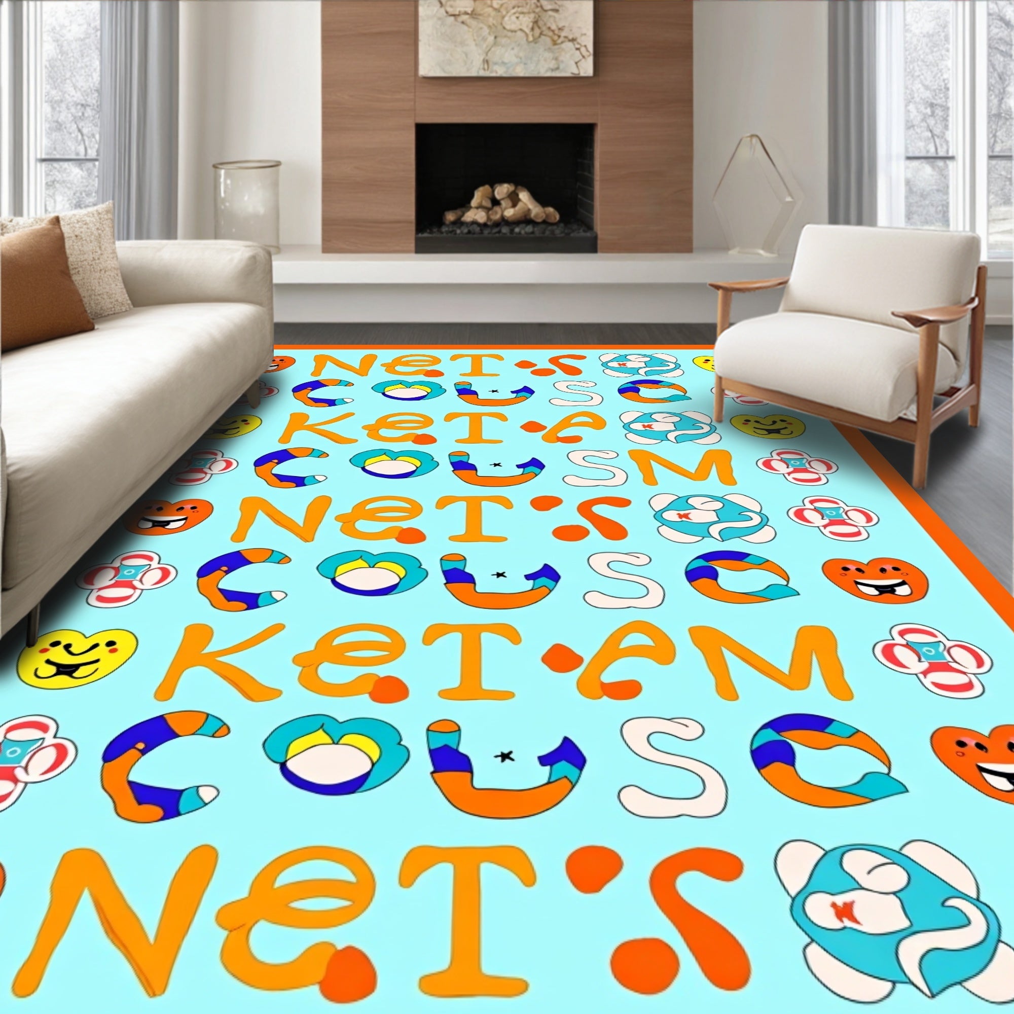 Playful Orange Yellow Blue Characters Rug