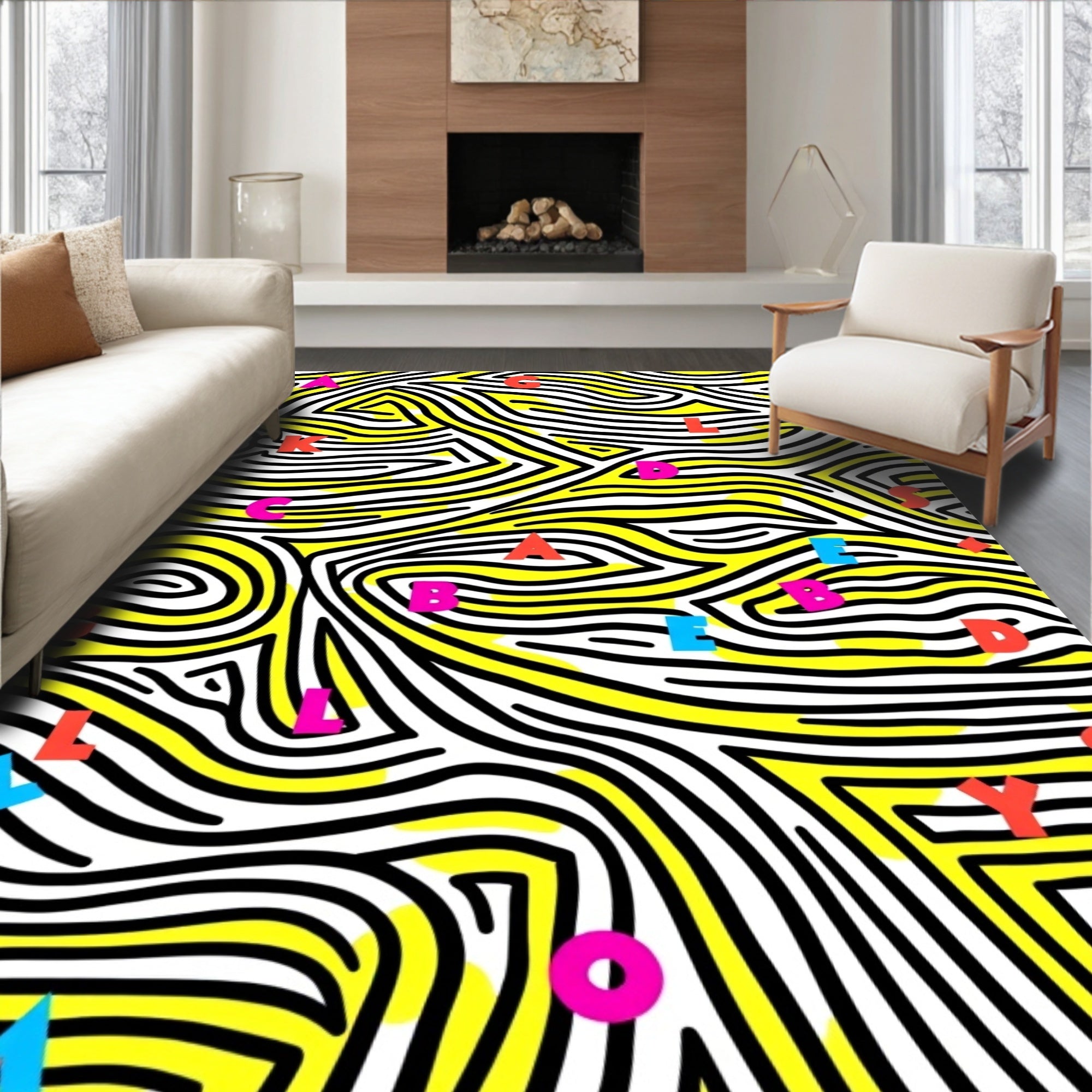 Bold Yellow White Alphabet Swirl Rug
