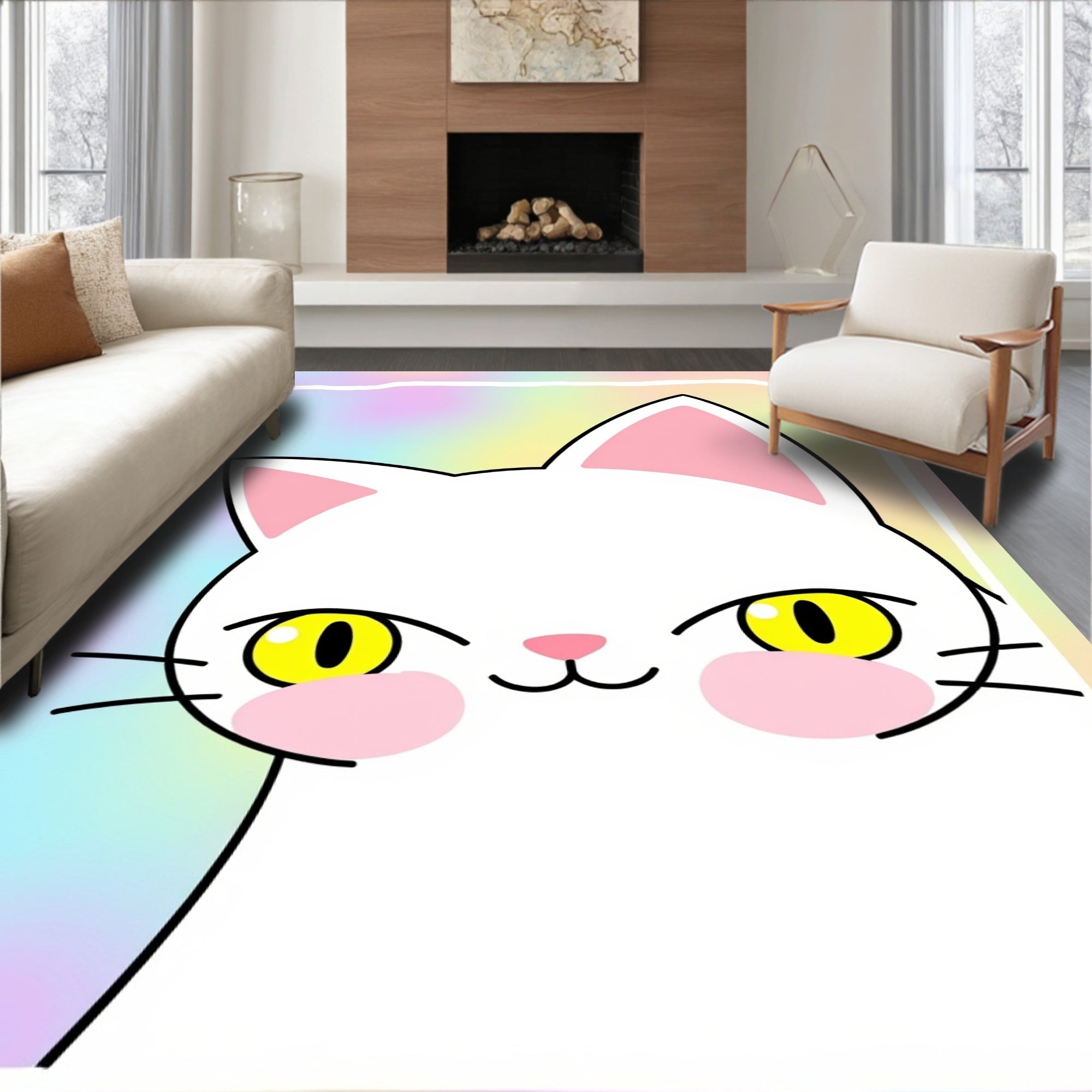 Cute White Cat Pastel Swirl Rug