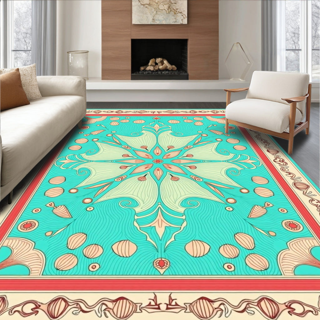 Teal Coral Medallion Floral Symmetrical Rug