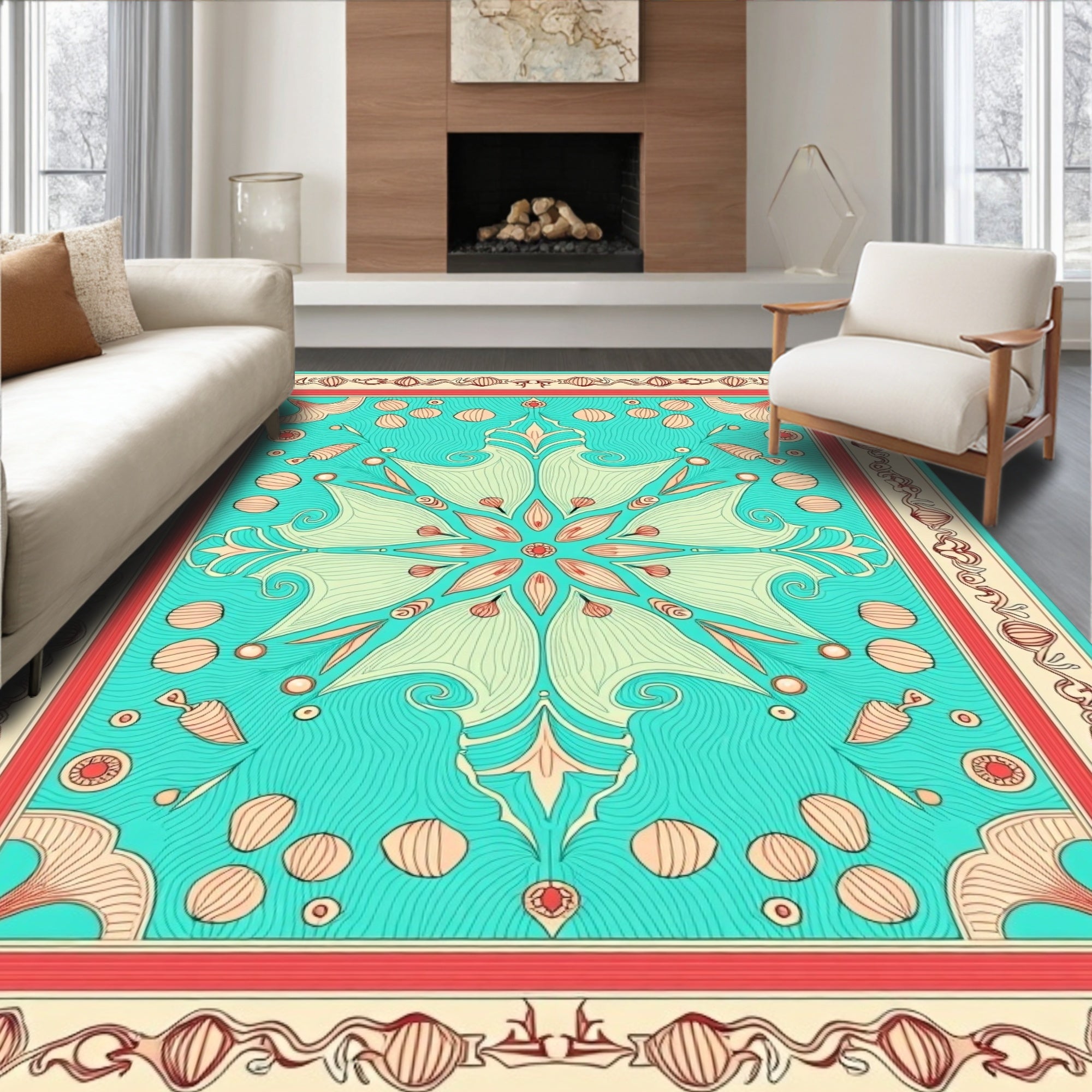 Teal Coral Medallion Floral Symmetrical Rug