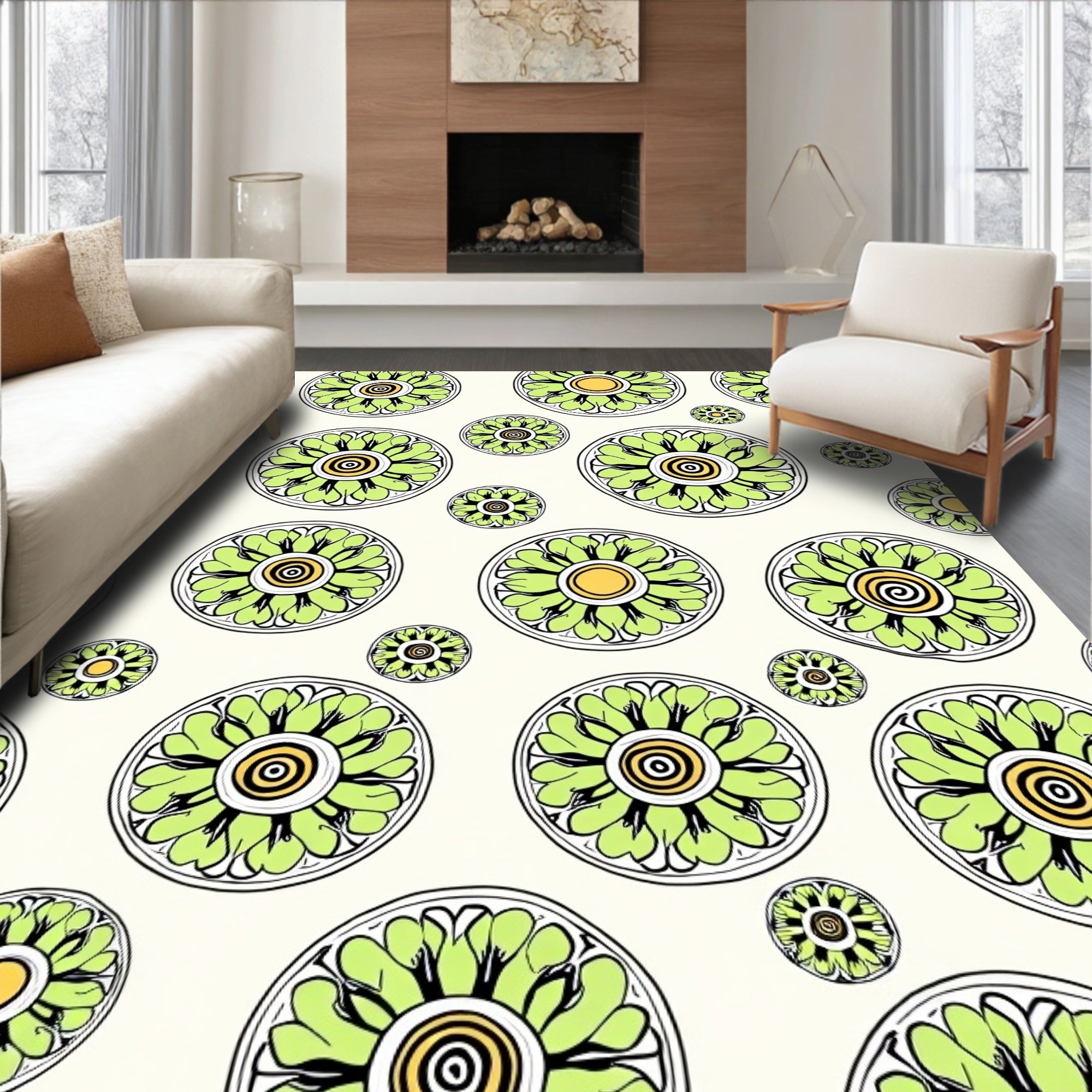 Green Floral Medallion Repeating Pattern Rug