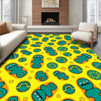 Whimsical Teal Figures Sunbursts Yellow Rug