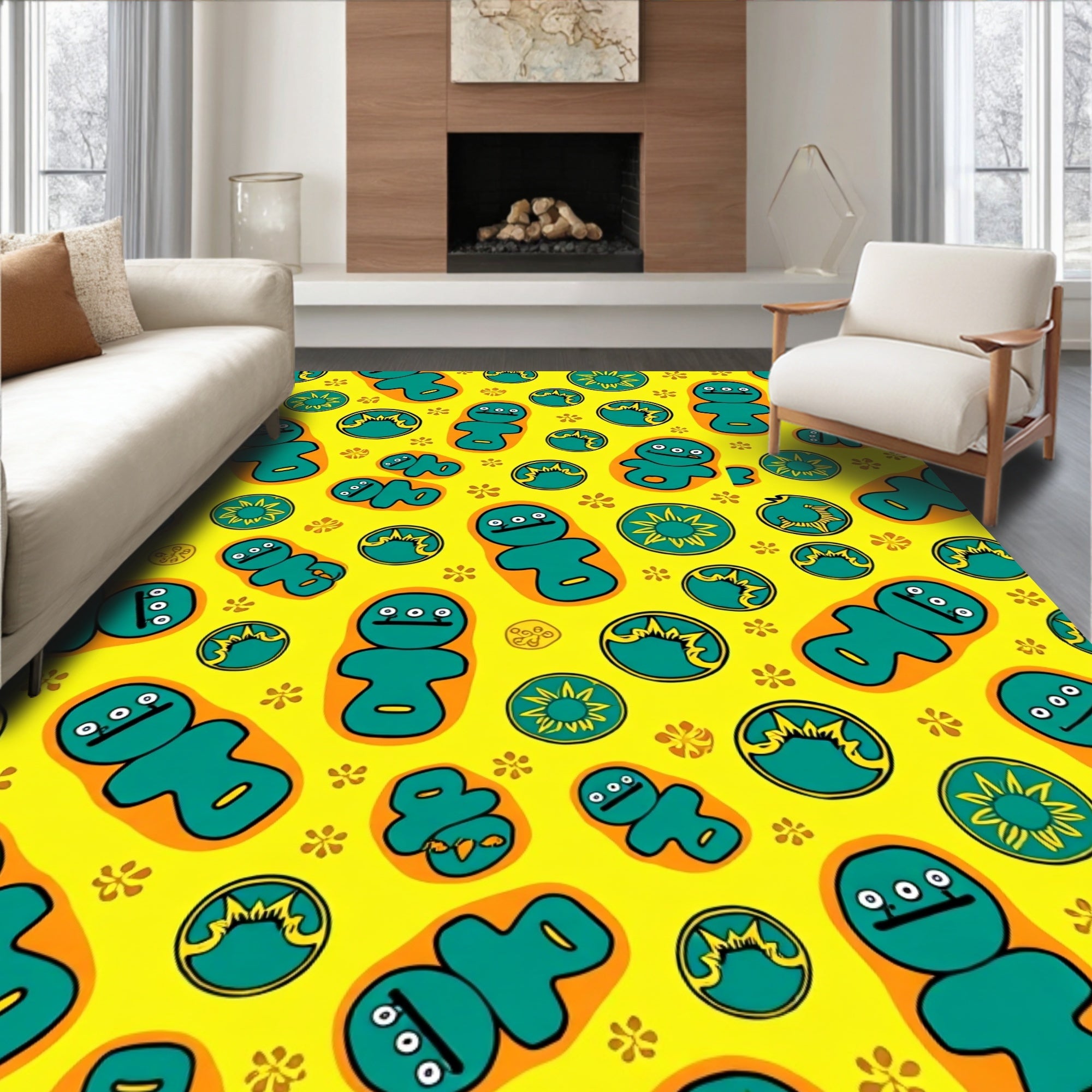 Whimsical Teal Figures Sunbursts Yellow Rug
