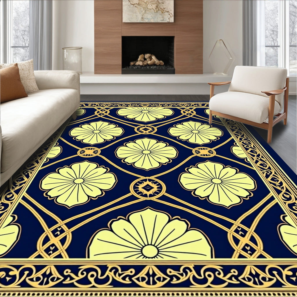 Navy Yellow Floral Medallion Lattice Rug