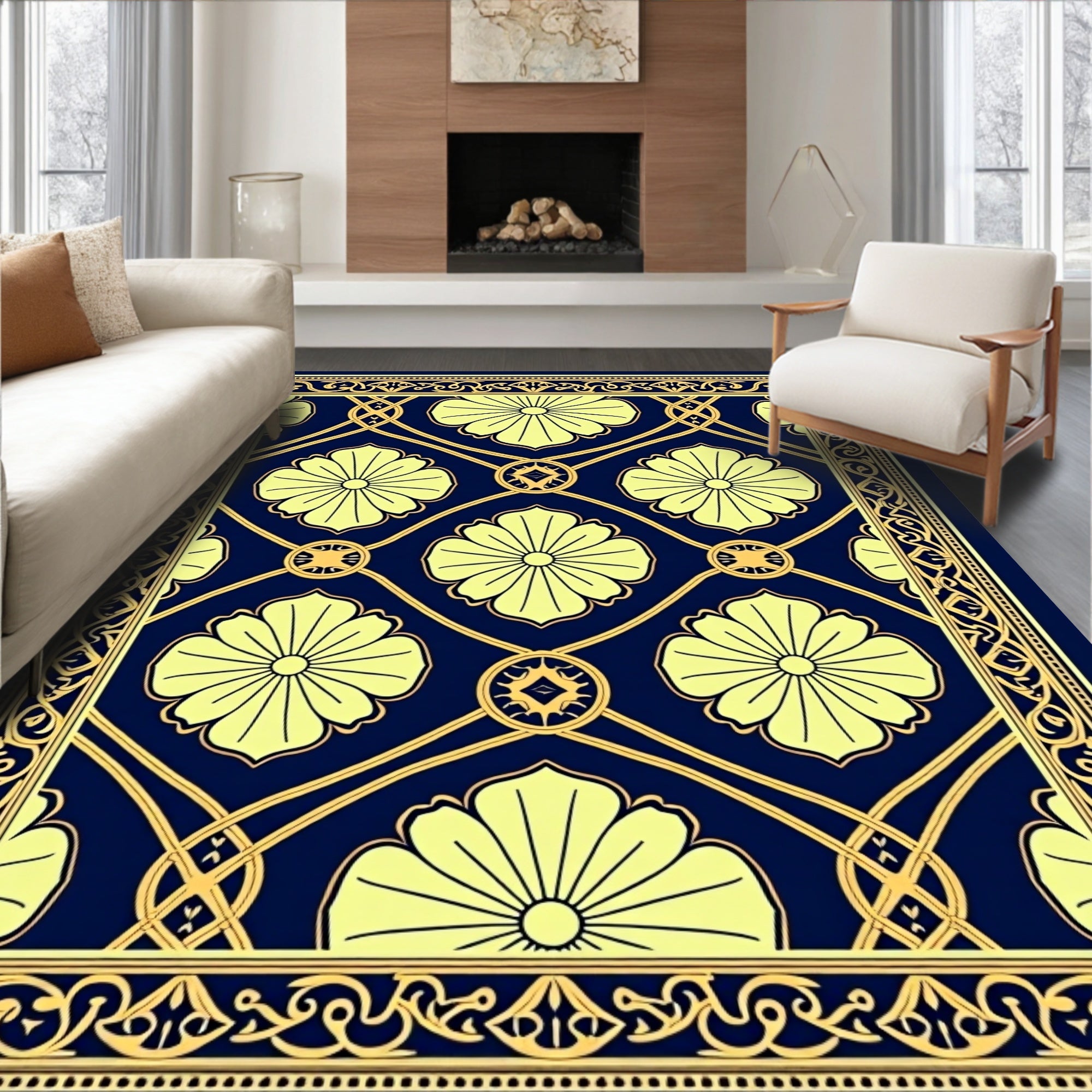 Navy Yellow Floral Medallion Lattice Rug