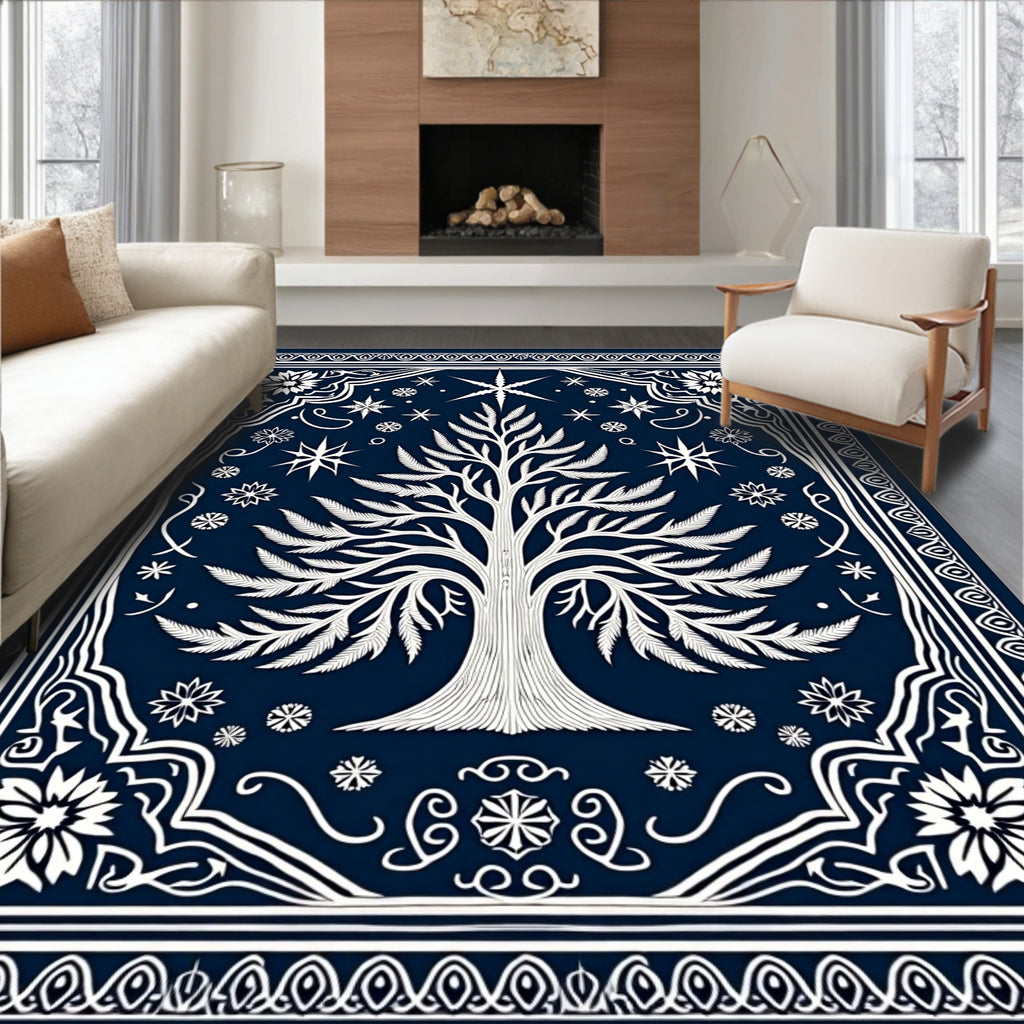 Deep Blue Celestial Tree Border Rug