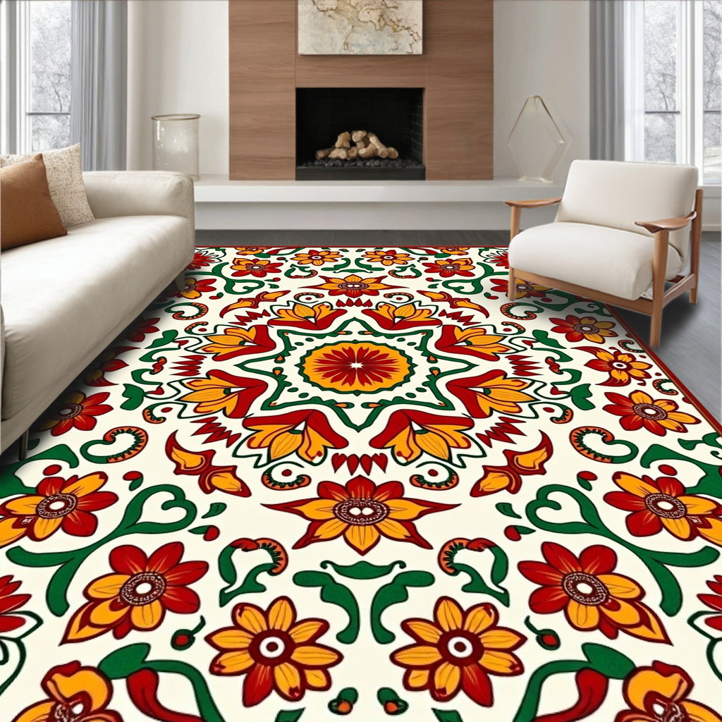 Vibrant Red Yellow Floral Medallion Rug