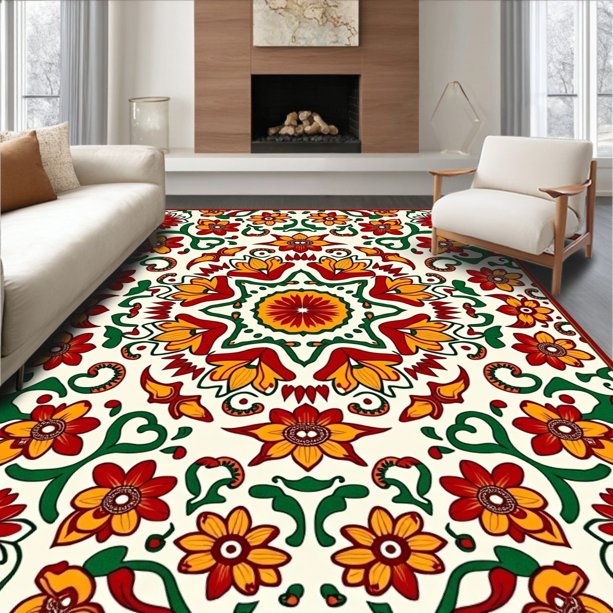 Vibrant Red Yellow Floral Medallion Rug