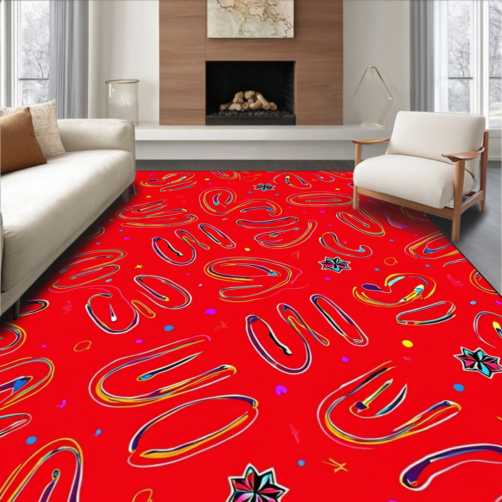 Vibrant Red Abstract Scribble Swirl Rug
