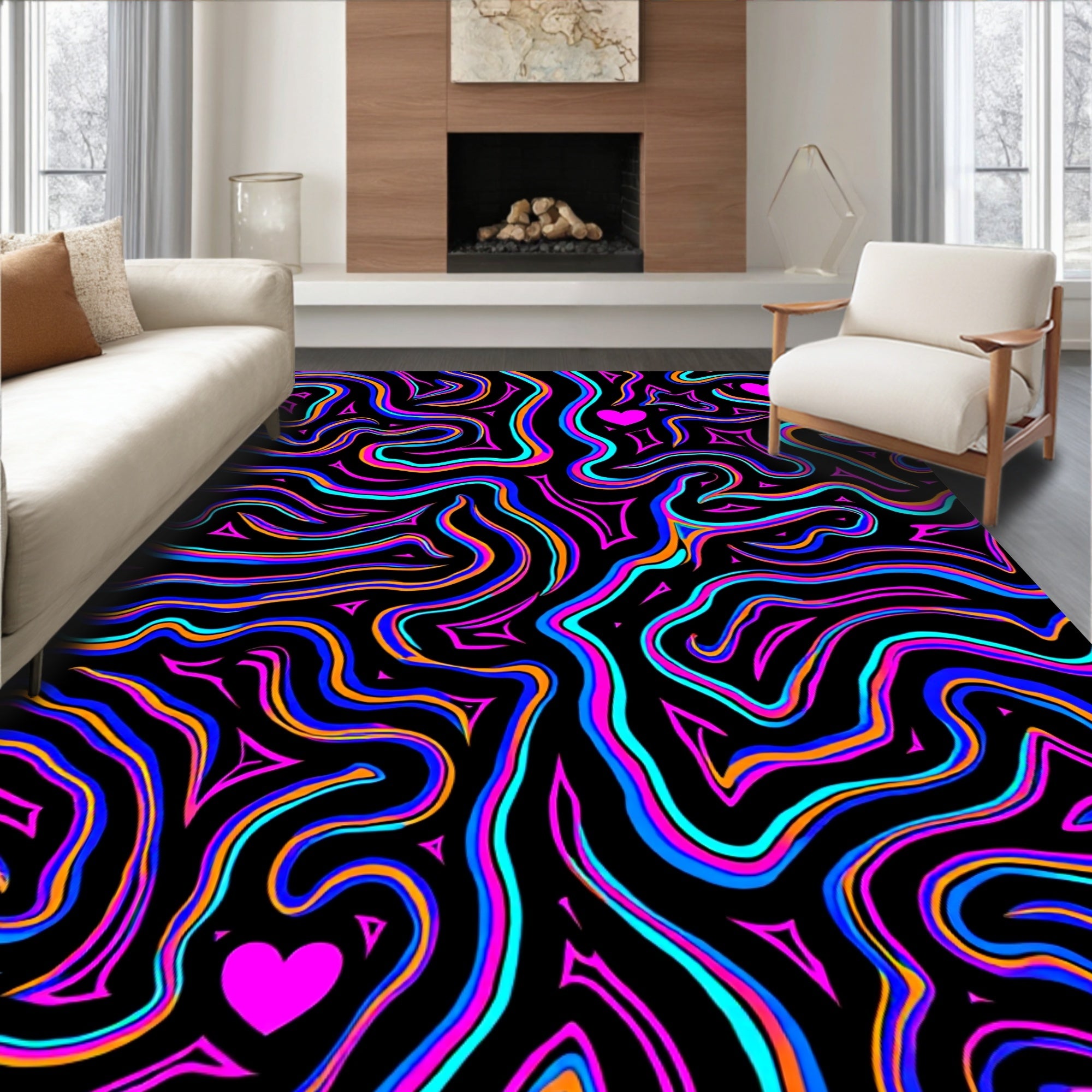 Vibrant Neon Swirl Heart Rug