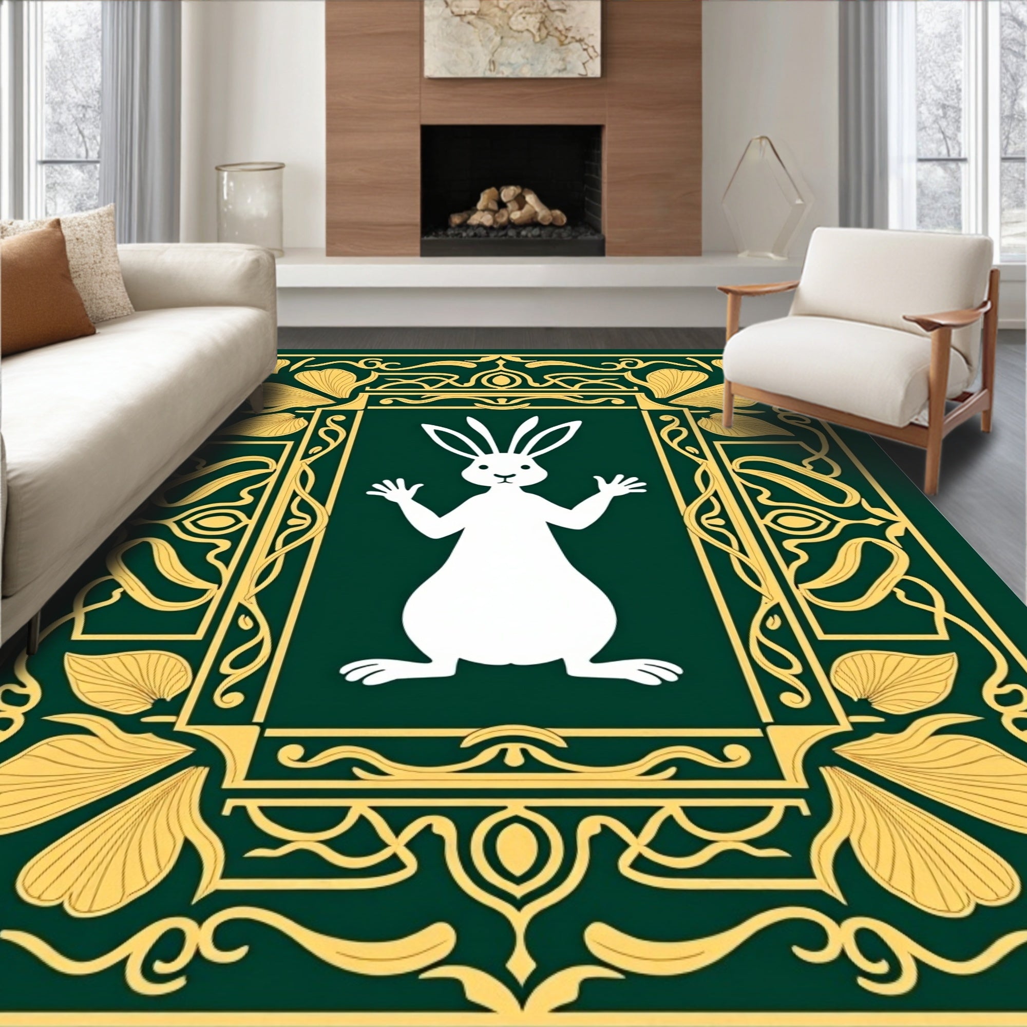 Enchanted Forest White Rabbit Motif Rug