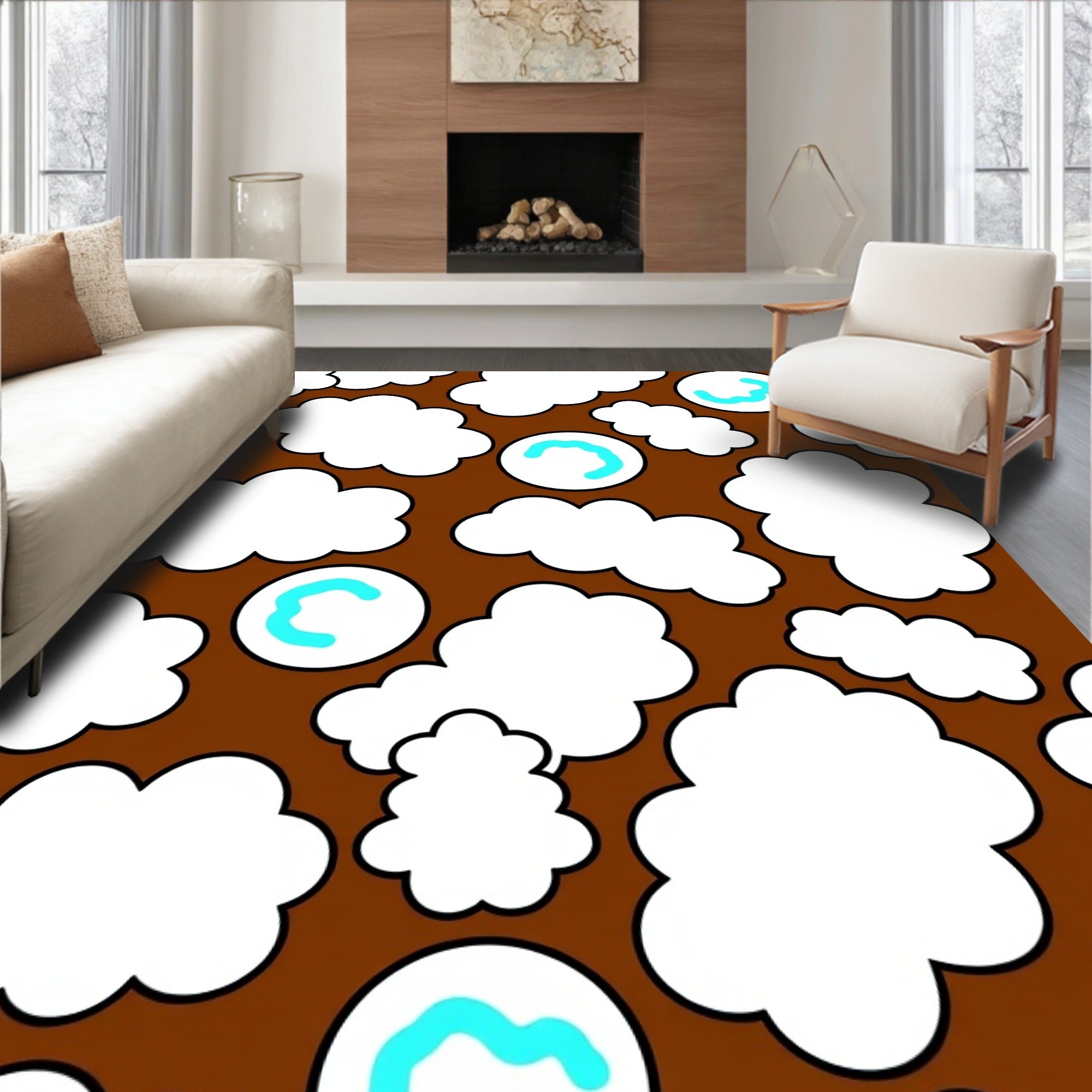 Brown Sky White Cloud Blue Bubble Rug