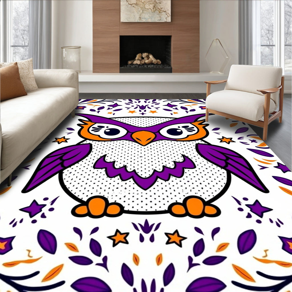 Whimsical Purple Owl Folk Art Rug